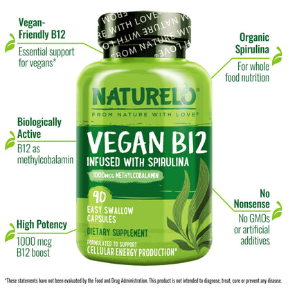 NATURELO Vegan B12 - Methyl B12 with Organic Spirulina - High Potency Vitamin B12 1000 mcg Methylcobalamin - Supports Healthy Mood
