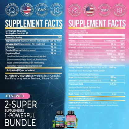 JTEVEweu Shining Serenity Set, Cortisol Support with Ashwagandha, L-Theanine, Magnesium, Lions Mane, GABA, Bacopa Monnieri, Collagen Biotin, Keratin, Hyaluronic Acid, Quercetin JTEVEweu buy supplements Au