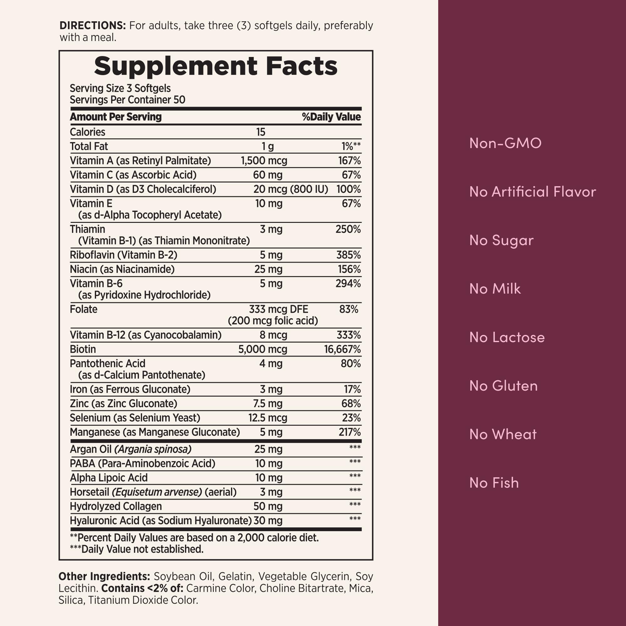 Nature's Bounty Advanced Hair, Skin & Nails, Argan-Infused Vitamin Supplement with Biotin and Hyaluronic Acid, 150 Rapid Release Softgels, 50 Total Servings