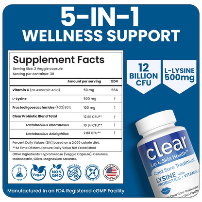 Lysine Cold Sore Treatment for Lips with Pre-Probiotics & VIT C | 1 Month Supply | Supercharged Lysine Capsules with Rhamnosus & Acidophilus for Cold Sores Relief