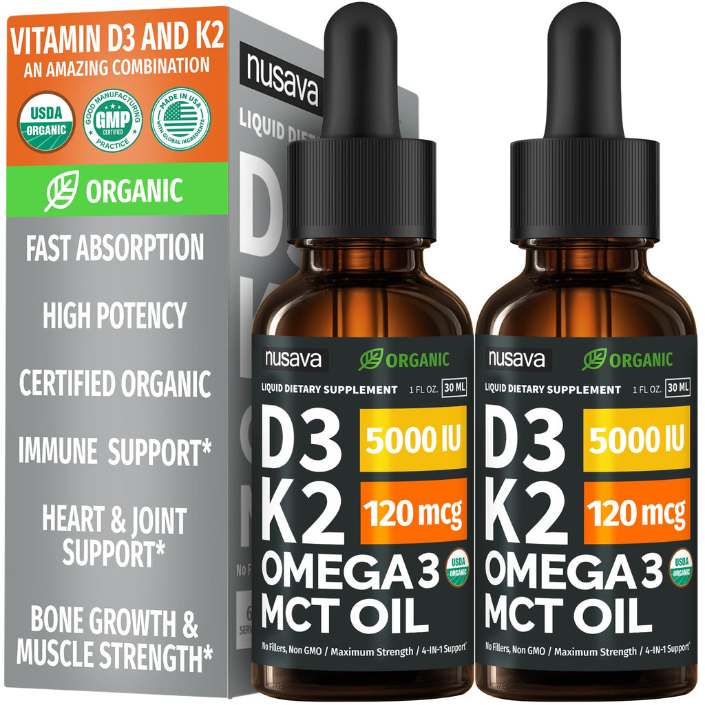 (2 Pack) Organic Vitamin D3 K2 Drops with MCT Oil Omega 3, 5000 IU — Liquid D3, No Fillers, Non-GMO, Immune Support (Unflavored, 2 Fl Oz) NUSAVA buy supplements Au