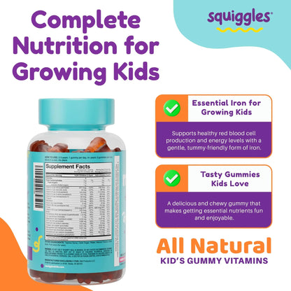 Squiggles Kids Multivitamin + Iron Gummies - Low Sugar Gummy Vitamins with Iron Supplements for Kids Squiggles