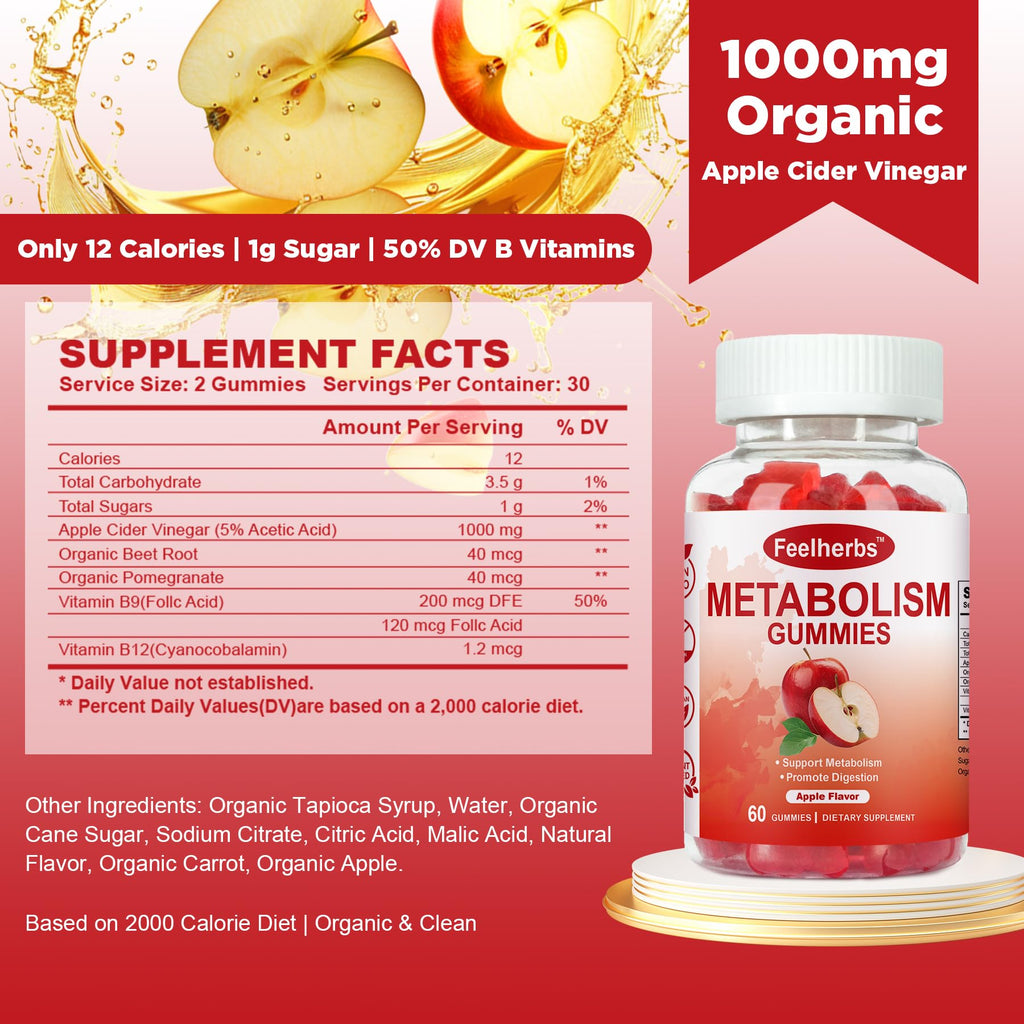 Feelherbs Metabolism Gummies for Women and Men Digestion & Energy, 60 Count Apple Cider Vinegar Gummies with Vitamin B12 & Beet Root, Chewable Keto ACV Vitamin for Metabolism & Detox Cleanse Feelherbs buy supplements Au