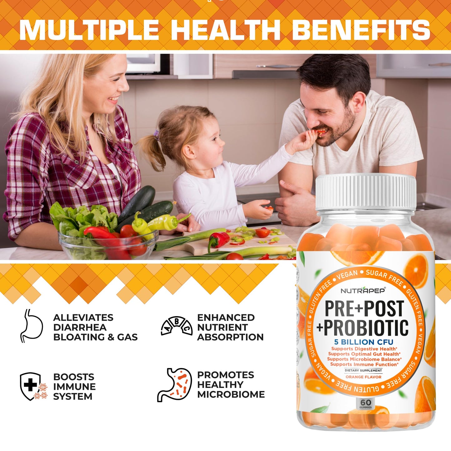 NutraPep Prebiotic Probiotic & Postbiotic Gummies for Women Men & Kids Children - High Potency 5 Billion CFU - Sugar-Free & Gluten 60 Count (Pack of 2)