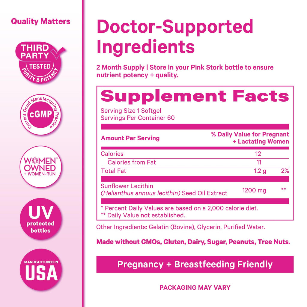 Pink Stork Sunflower Lecithin Supplement - 1200 mg for Clogged Milk Ducts - Breastfeeding Essentials for Postpartum Moms -
