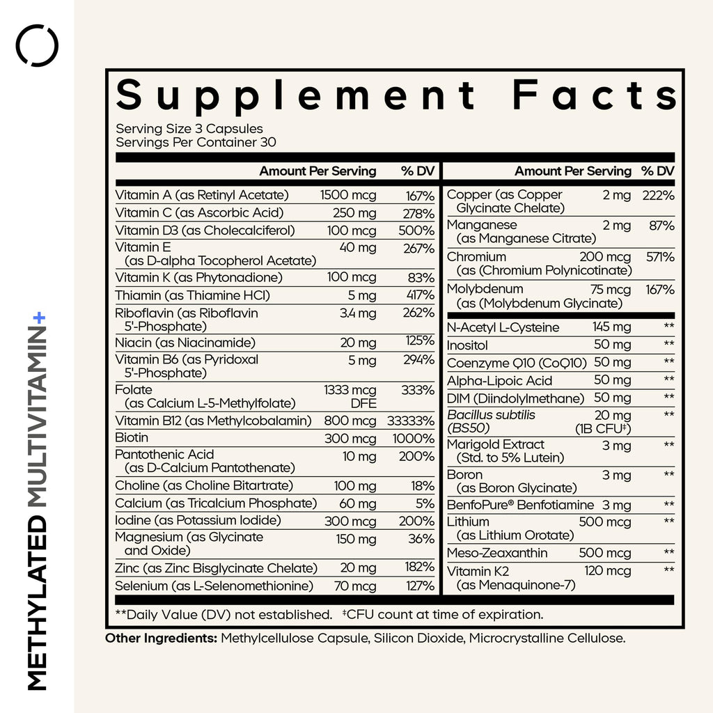 Codeage Methylated Multivitamin Supplement - B-Vitamin, Vitamins A, C, D, E, K2, B12 Methylcobalamin - L-Methylfolate - Magnesium, CoQ10, DIM, Probiotics, Benfotiamine, Lithium, Calcium - 90 Capsules CodeageBuy Supplements Australia