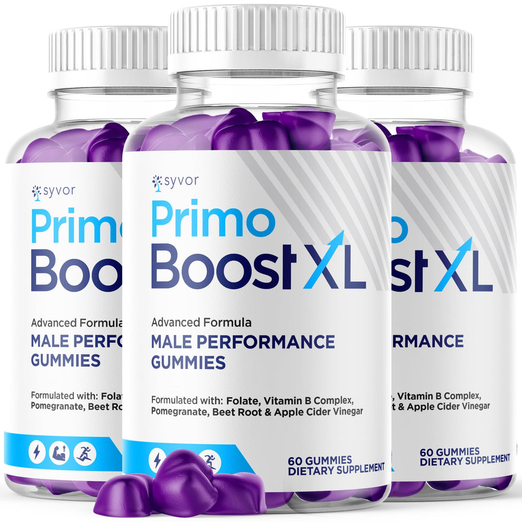 Three bottles of Primo Boost XL male performance gummies on a white background