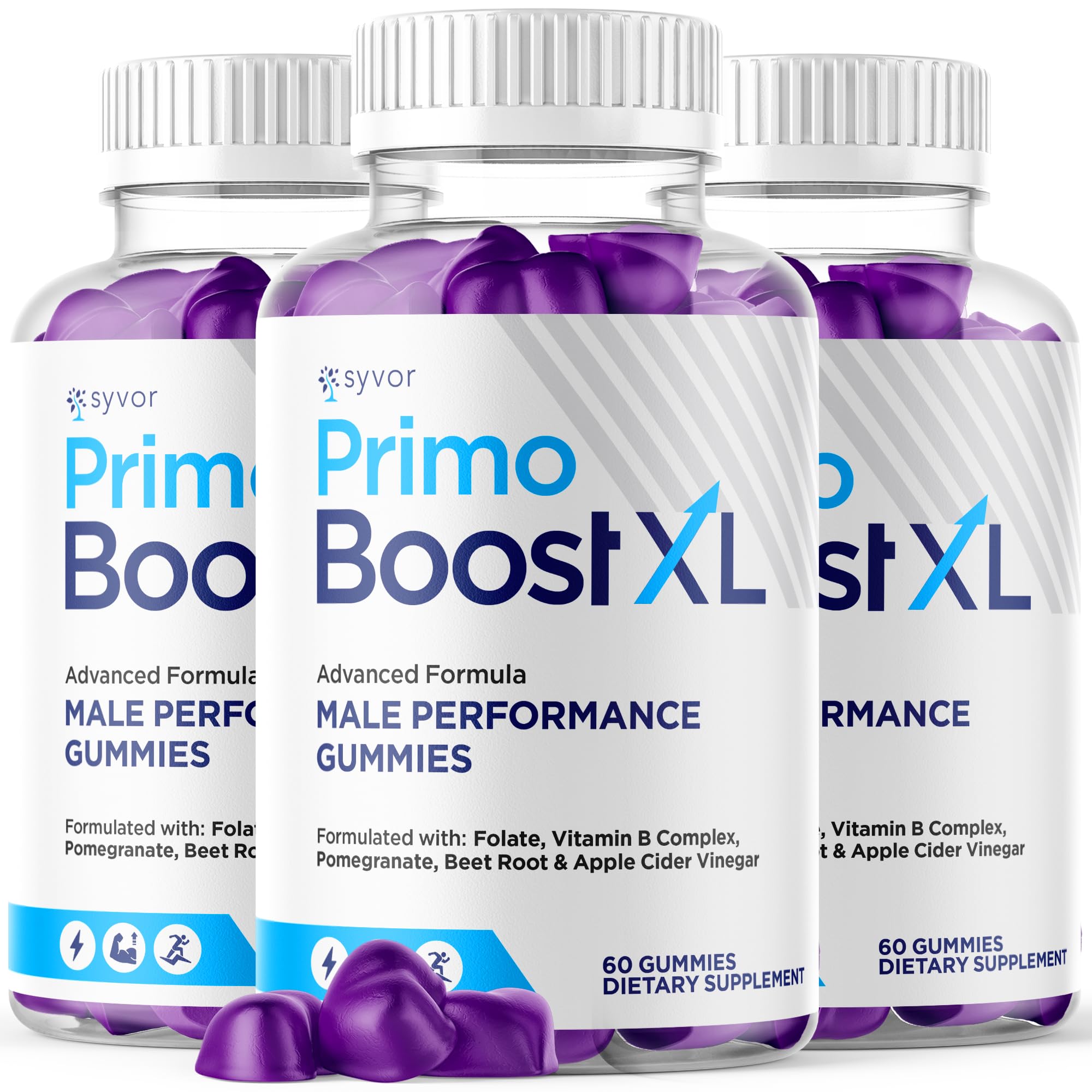 Three bottles of Primo Boost XL male performance gummies on a white background