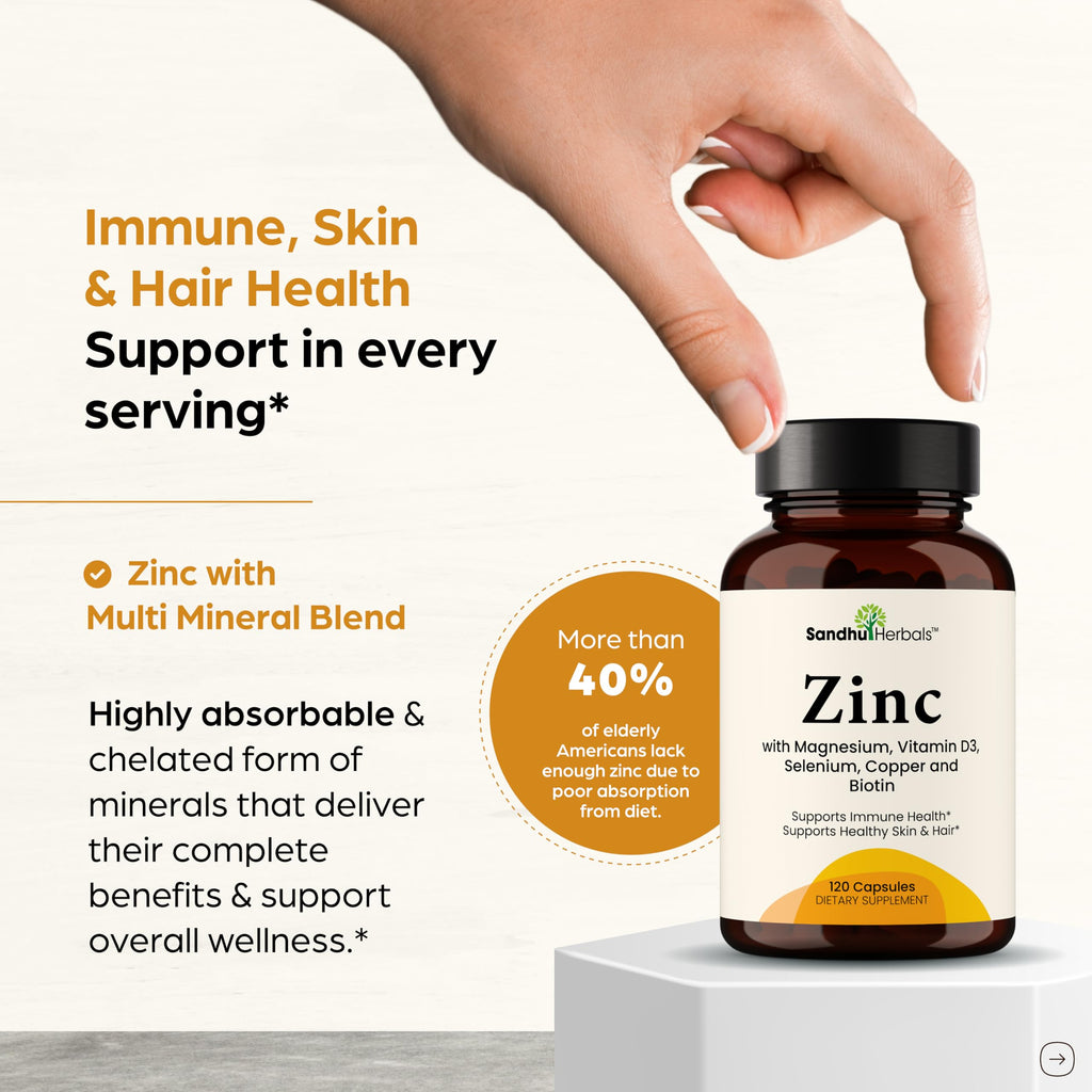 Zinc 30mg With Copper, Selenium & Vitamin D3 | 120 Capsules | Magnesium, Vitamin B6, Biotin | Absorbable Zink Supplements for Men & Women | Chelated Zinc