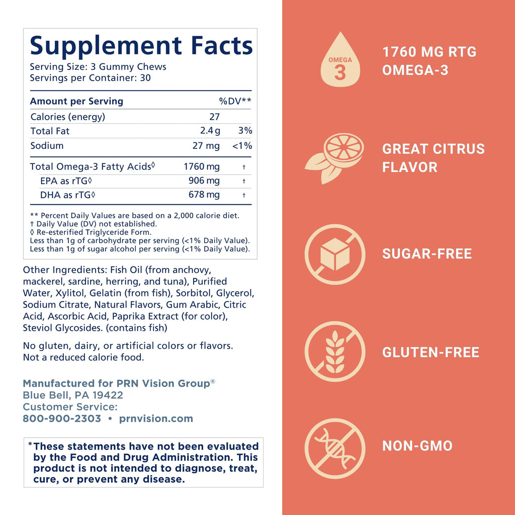Omega 3 Gummy Chewables - 90 Gel Chews, 30-Day Supply, Citrus Flavor - 1760mg Ultra-Pure rTG Omega 3 for Eye, Heart, Brain, Joint & Immune Health PRN Physician Recommended NutriceuticalsBuy Supplements Australia