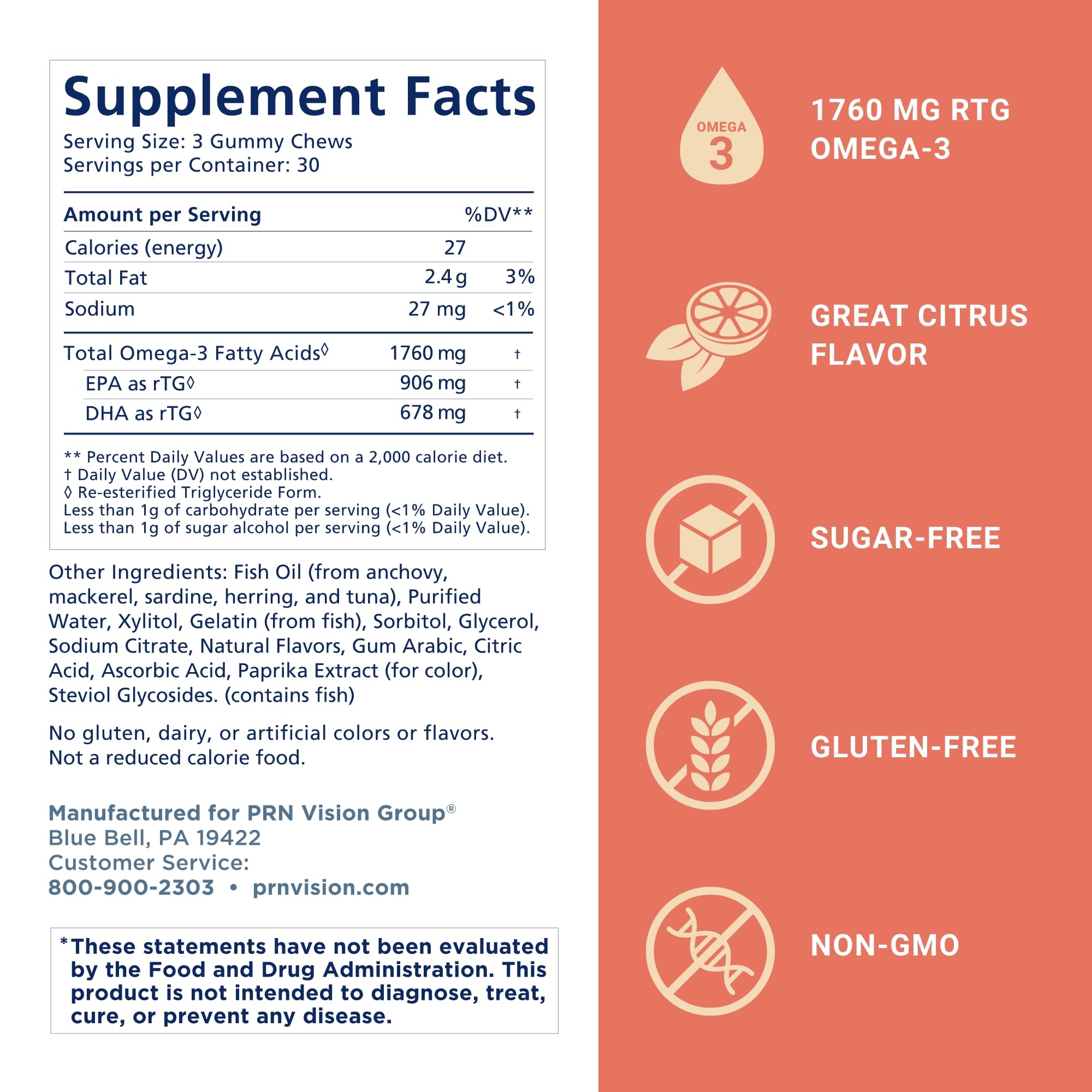 Omega 3 Gummy Chewables - 90 Gel Chews, 30-Day Supply, Citrus Flavor - 1760mg Ultra-Pure rTG Omega 3 for Eye, Heart, Brain, Joint & Immune Health PRN Physician Recommended NutriceuticalsBuy Supplements Australia