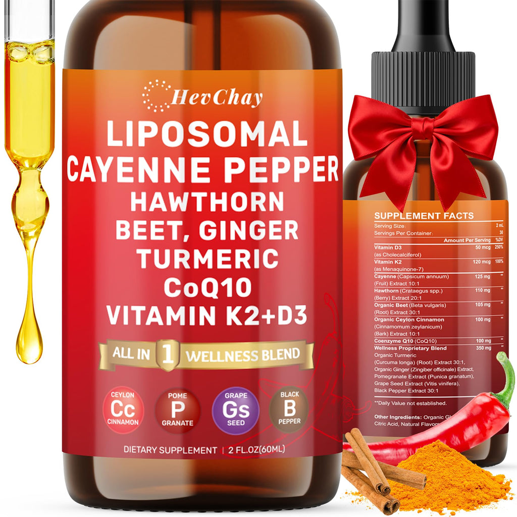 Two bottles of liposomal cayenne pepper supplement with ingredients listed on the label.