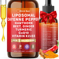 Two bottles of liposomal cayenne pepper supplement with ingredients listed on the label.
