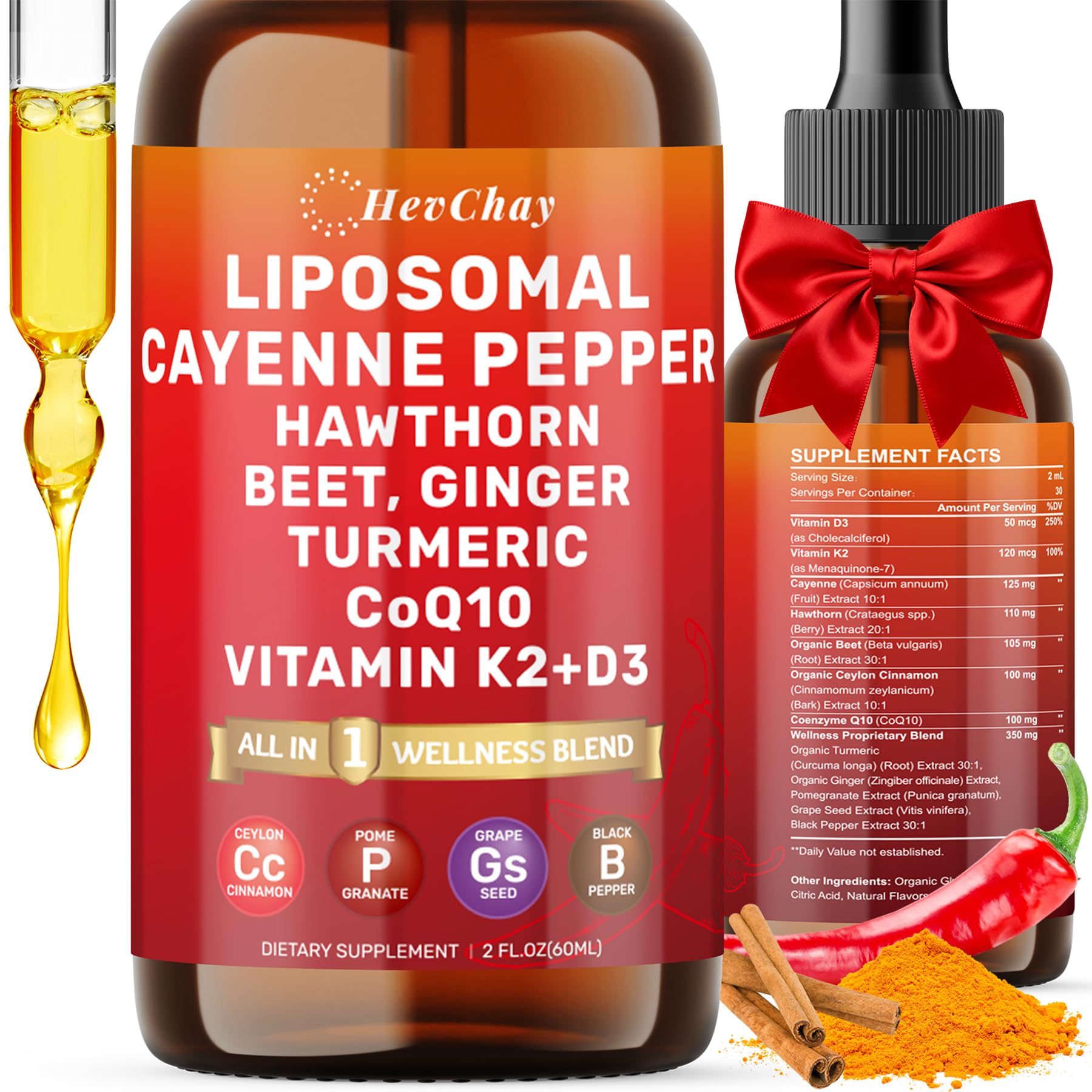 Two bottles of liposomal cayenne pepper supplement with ingredients listed on the label.