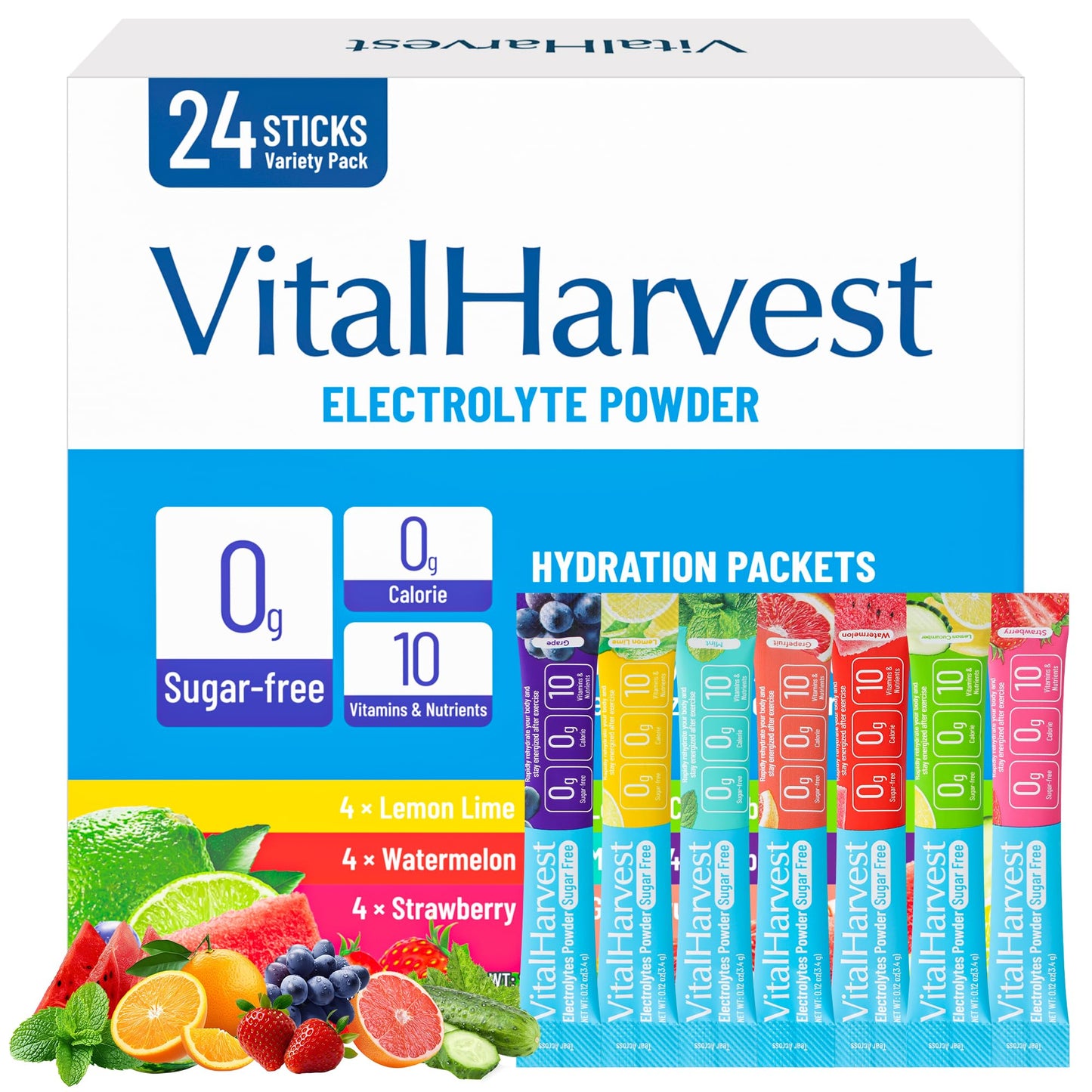 24 Sticks Electrolytes Powder Packets 7 Flavors Sugar Free Hydration Packets Liquid Daily IV Drink Mix, Low Sodium, Lemon Lime, Watermelon, Strawberry, Grape