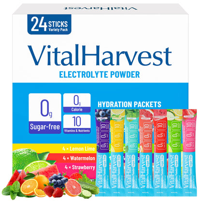 24 Sticks Electrolytes Powder Packets 7 Flavors Sugar Free Hydration Packets Liquid Daily IV Drink Mix, Low Sodium, Lemon Lime, Watermelon, Strawberry, Grape