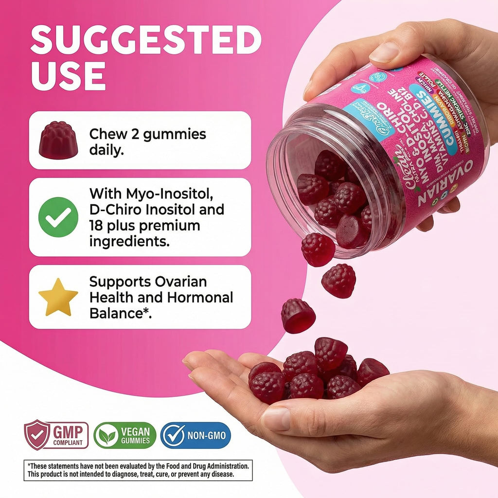 OVA Bloom Ovarian Support Gummies Myo Inositol D-Chiro Inositol Choline Flax Biotin Riboflavin Thiamin Niacin Ashwagandha DIM Maca Root Vitamin C D3 B12 Zinc 60 Count By Clean Nutra Clean NutraceuticalsBuy Supplements Australia