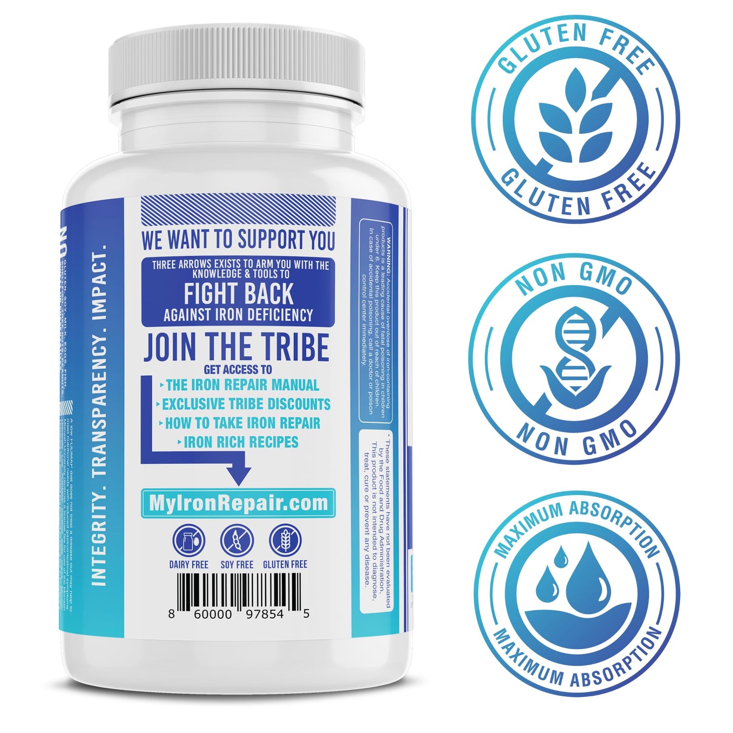 Iron Repair Simply Natural Iron Supplement, Best Absorption & Gentle on Stomach, Monash Low FODMAP, Raise Hemoglobin & Ferritin Iron Pills for Women, Men, Teens