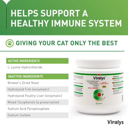 Vetoquinol Viralys Daily L-Lysine Powder for Cats and Kittens, Fish Flavored Lysine Supplement for Cats and Kittens to Support Immune Health
