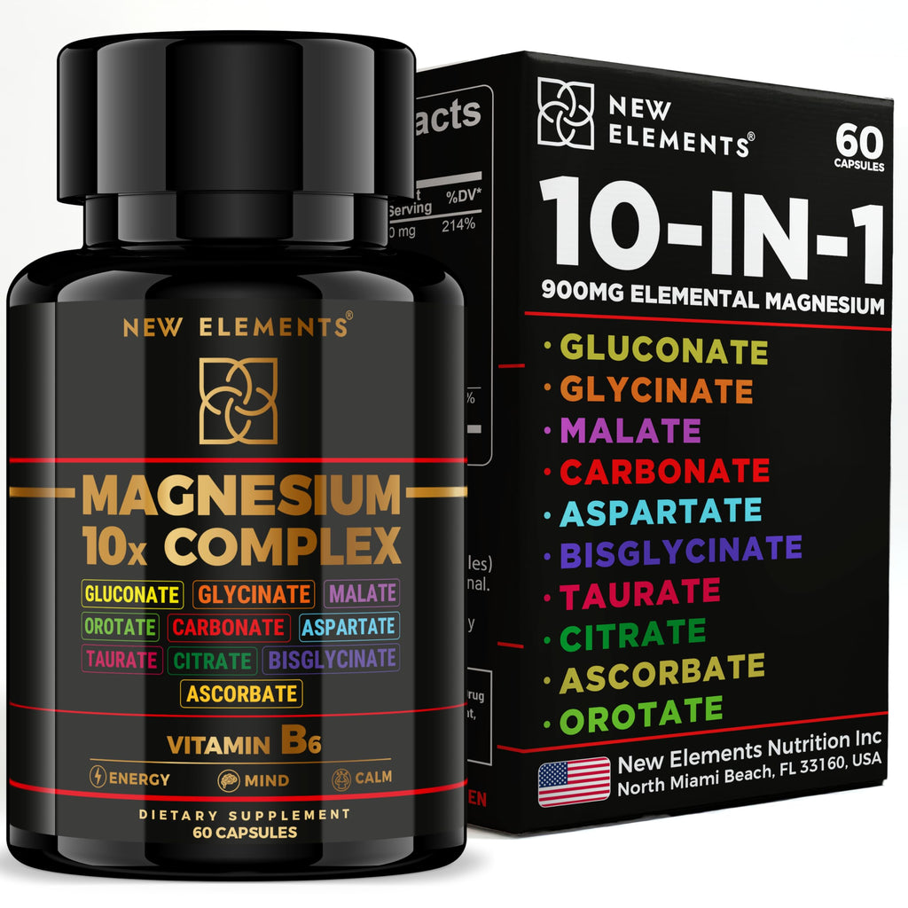 New Elements Magnesium 10x Complex supplement bottles and packaging on a white background
