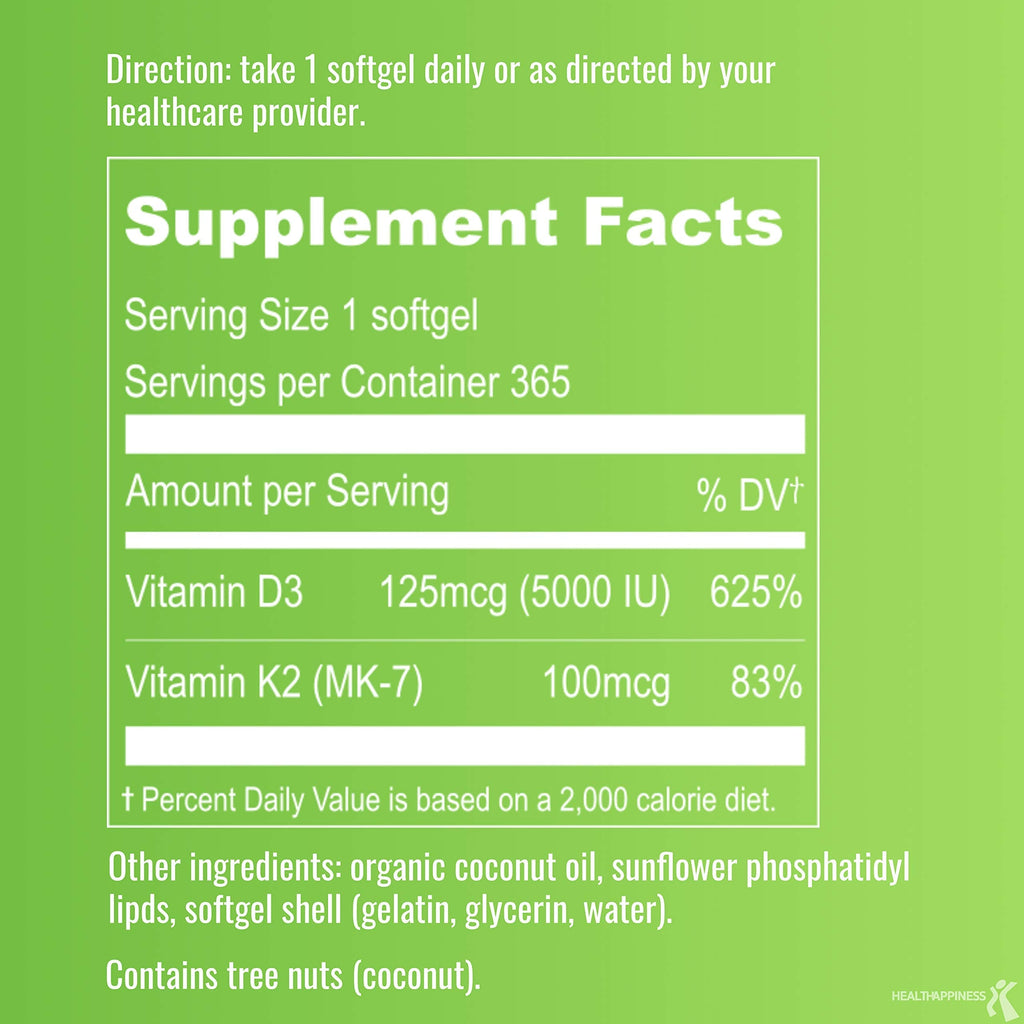 UpNourish Liposomal D3 K2 MK-7 – 365 Mini softgels with Organic Coconut Oil - 5000 IU 125 mcg Vitamin D3 and 100 mcg Vitamin k2