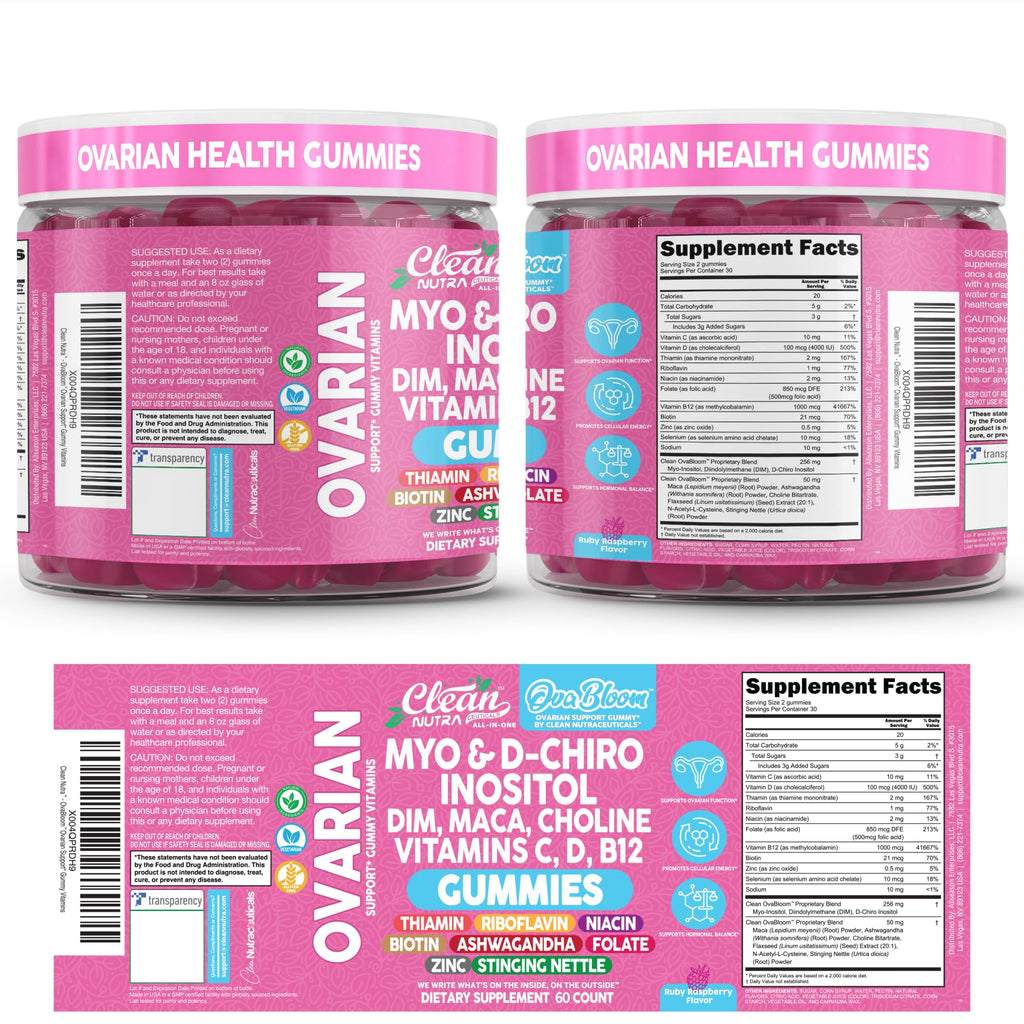 OVA Bloom Ovarian Support Gummies Myo Inositol D-Chiro Inositol Choline Flax Biotin Riboflavin Thiamin Niacin Ashwagandha DIM Maca Root Vitamin C D3 B12 Zinc 60 Count By Clean Nutra Clean NutraceuticalsBuy Supplements Australia