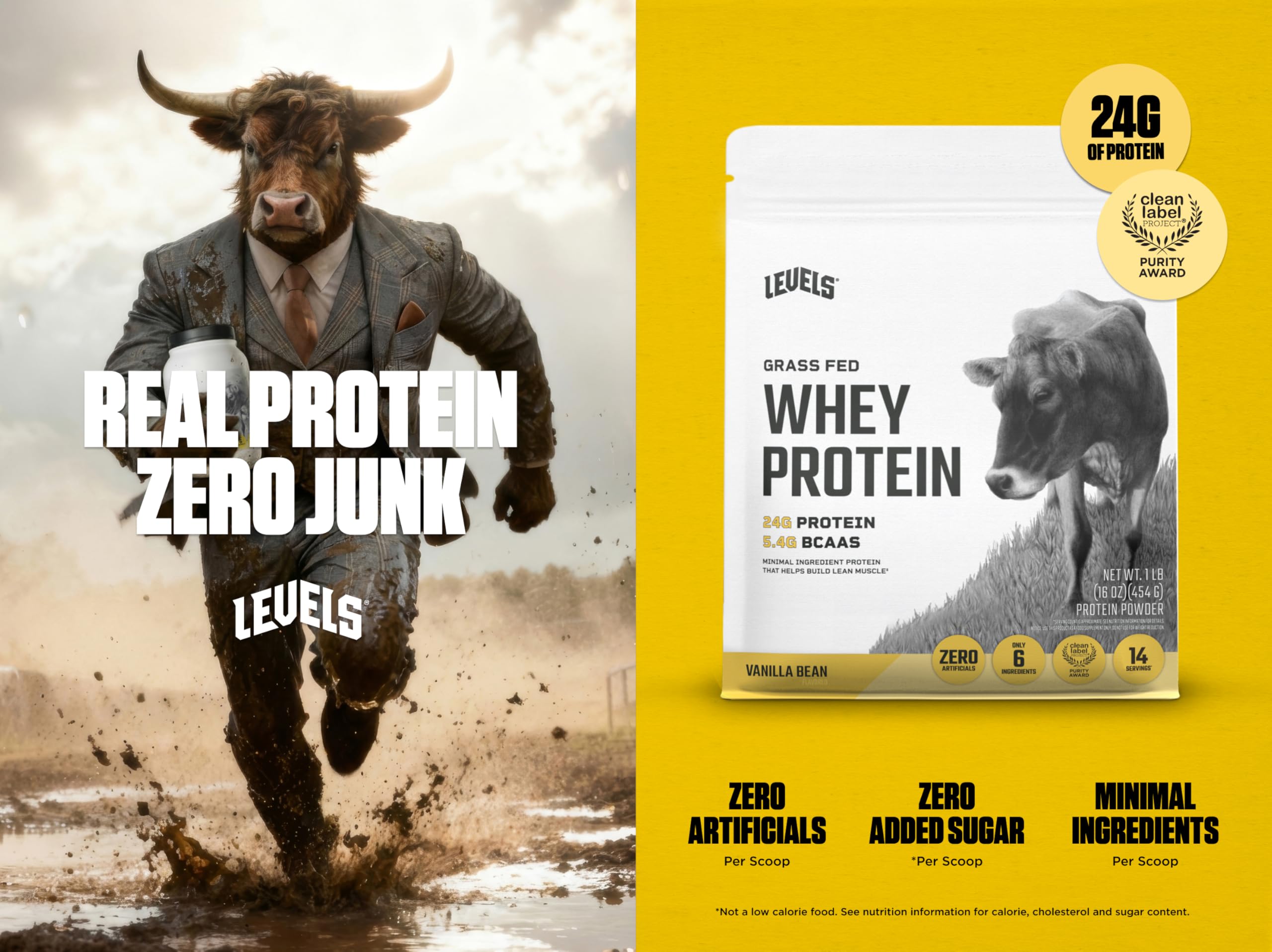 Levels Grass Fed Whey Protein Powder, No Artificials, 24G of Protein, Vanilla Bean, 1LB