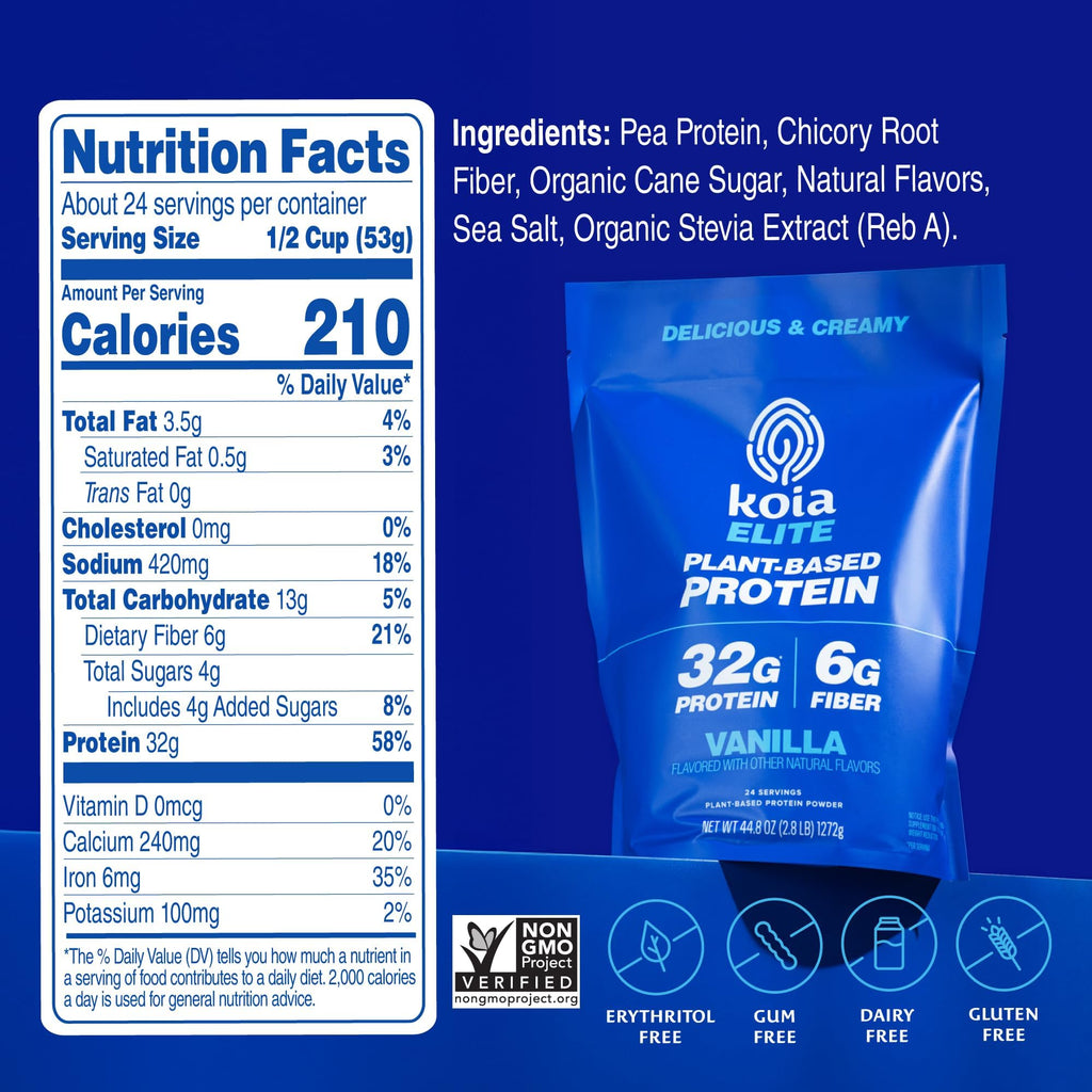 Koia Plant Based Protein Elite Powder, Vanilla, 32g Protein, 4g Sugar, 6g Prebiotic Fiber, Pre & Post Workout, 21 Vitamins & Minerals, Dairy-Free, Gluten-Free, Non-GMO, 24 Servings, 44.8 Oz