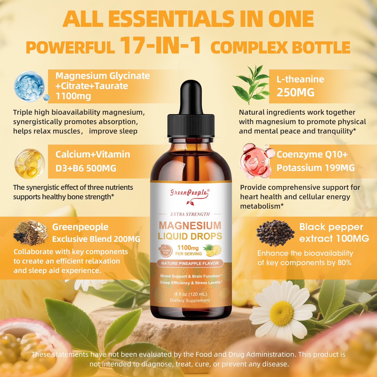 GREENPEOPLE 17-in-1 Triple Magnesium Complex Supplement,Magnesio Liquid Drops with Magnesium Glycinate & Citrate,Pineapple Flavor,Calm Mood,Muscle & Sleep for Adults,4 fl. oz 2Pack GREENPEOPLE buy supplements Au