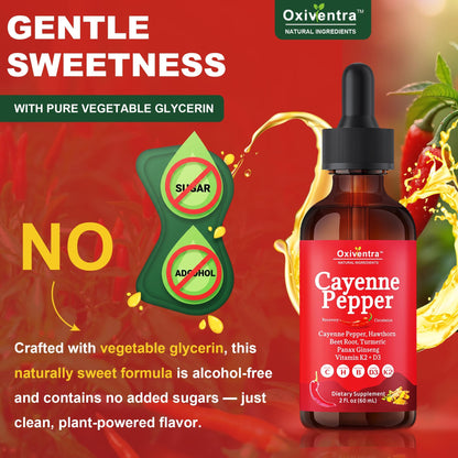 Cayenne Pepper Drops Liquid Supplement Smooth & Sweet Herbal Liquid + Hawthorn Berry, Vitamin D3 K2 Beet Root Powder, Ceylon Cinnamon, Turmeric Curcumin, Organic Panax Ginseng - 2fl oz Oxiventra buy supplements Au