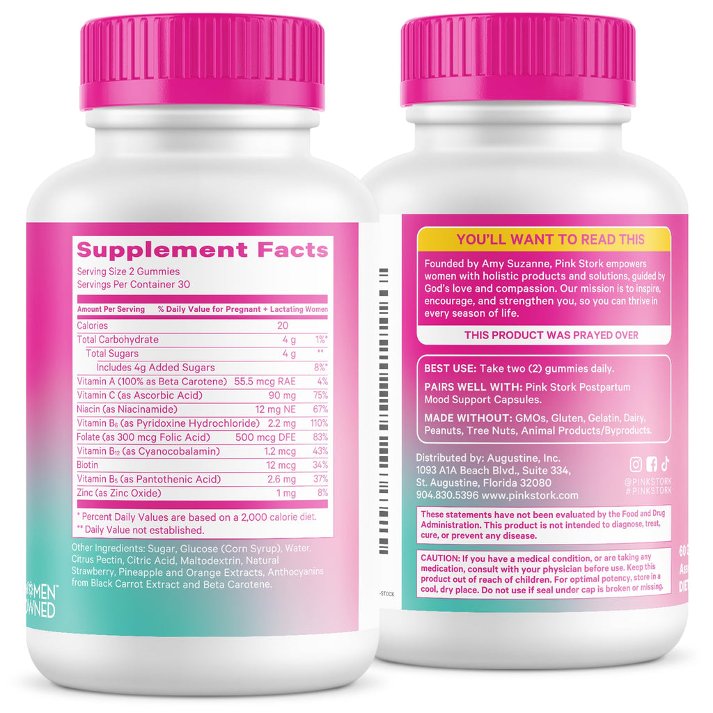 Pink Stork Total Postnatal Vitamin Gummies - Multivitamin for Postpartum Recovery and Lactation Support - Folic Acid, B6, and Vitamin C