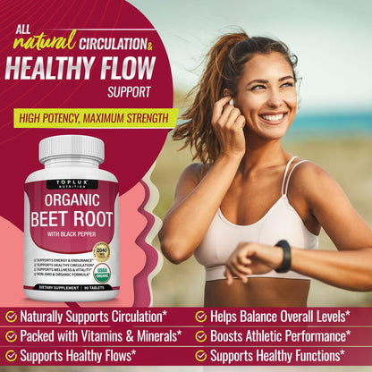 Toplux Organic Beet Root Powder Tablets - 2040mg Natural Nitric Oxide Beets to Support, Energy, Black Pepper Better Absorption, Non-GMO, for Men Women, 90 Tablets