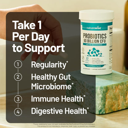 NatureWise Probiotics 60 Billion CFU - 17 Strains + Organic Prebiotics - Immune, Digestive & Gut Health Support for Women & Men - Vegetarian, Gluten-Free,