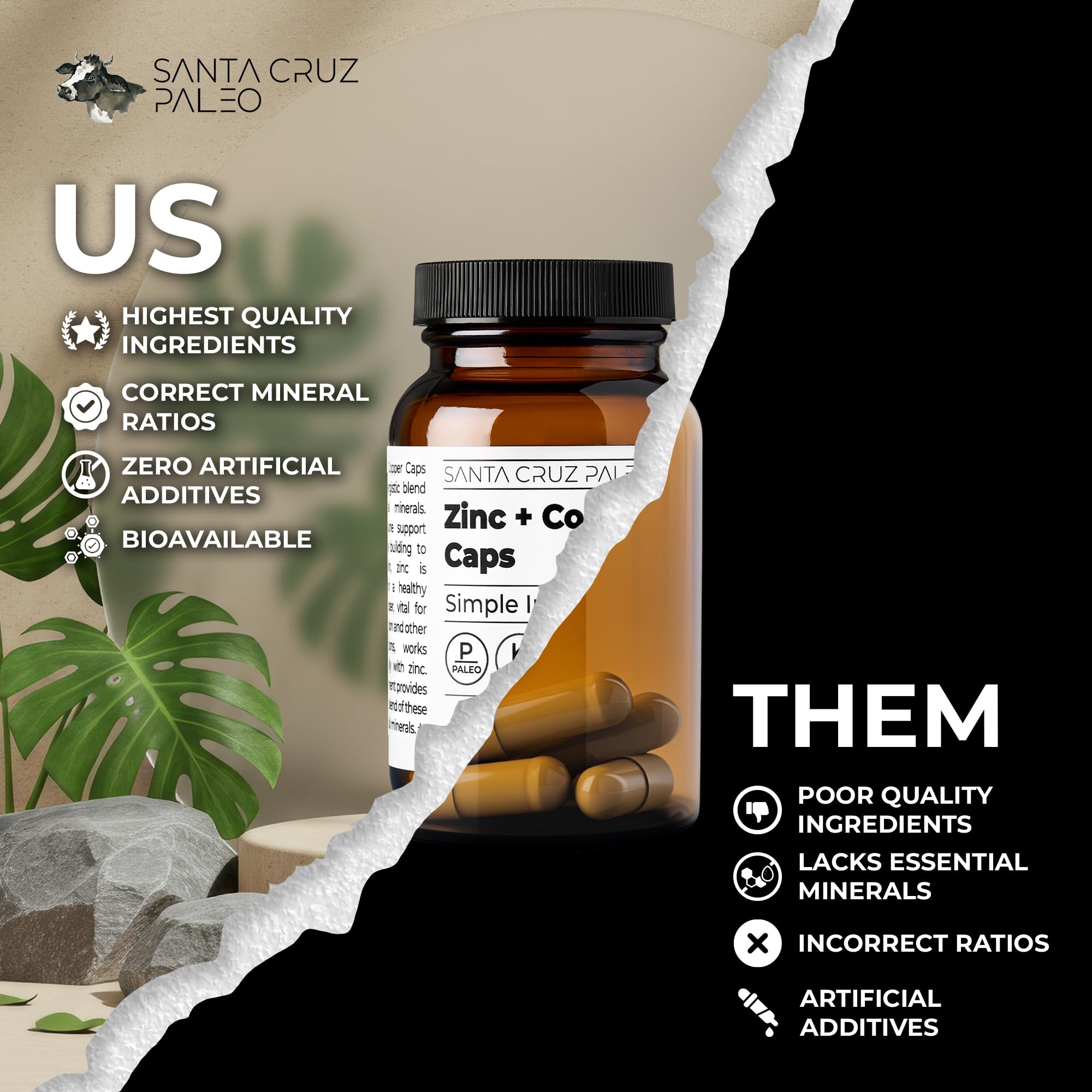Santa Cruz Paleo, Zinc & Copper Mineral Supplement, High Absorption Formula, Zinc Supplement for Skin & Hair, L Methionine, Copper Gluconate, Trace Minerals