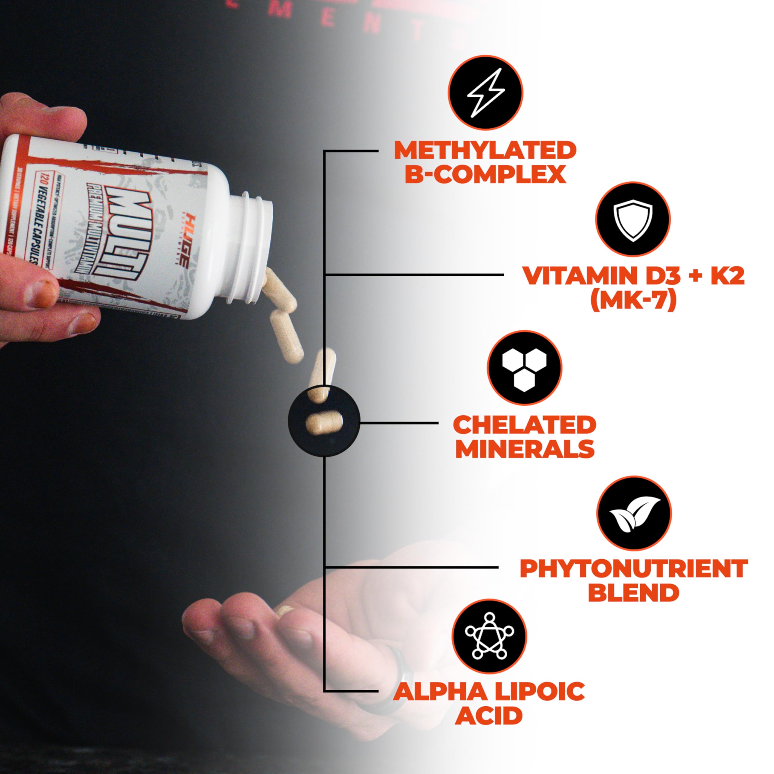 Huge Multi, Multivitamin for Men, High-Performance All-in-One Formula for Athletes & Bodybuilding, Vitamin & Mineral Replenishment, Supports Immune System & Healthy Hormone Levels (120 Capsules) Huge Supplements buy supplements Au