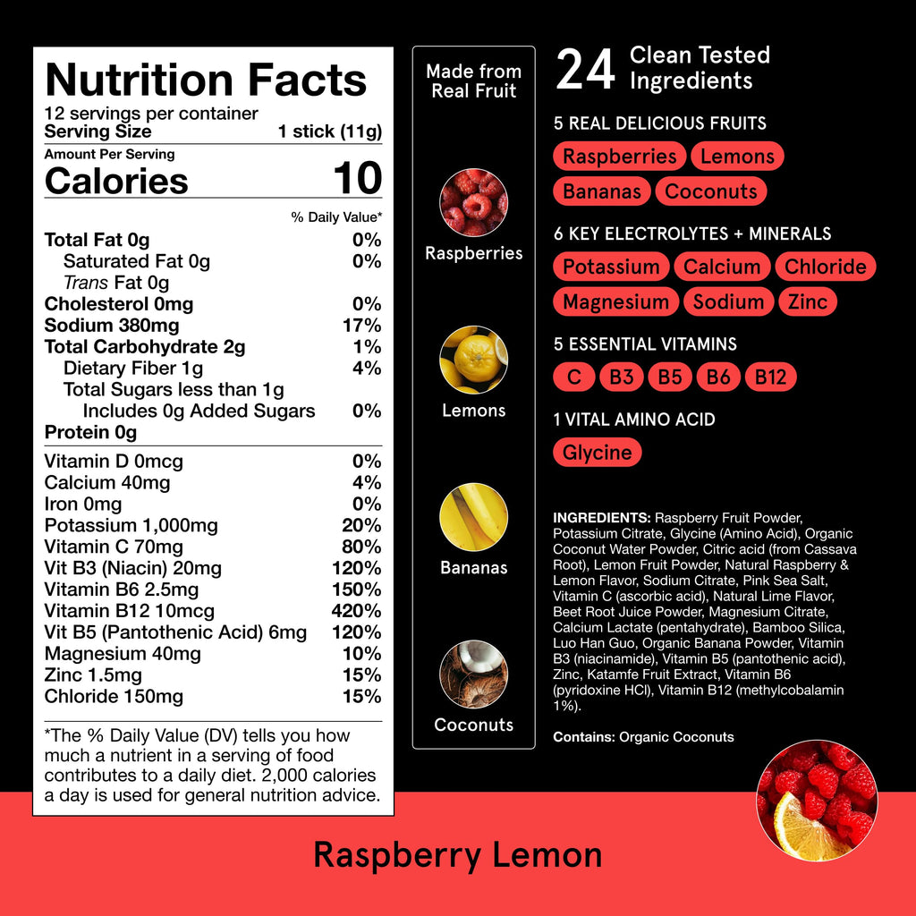 DryWater Electrolyte Powder Packets, Raspberry Lemon - Stevia-Free Hydration Packets Drink Mix with Zero Added Sugar for Rehydration & Energy - 6 Key Electrolytes
