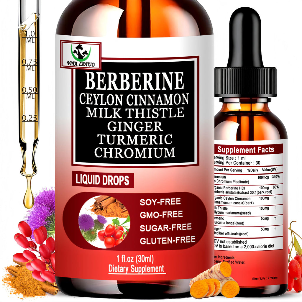Berberine Drops, High Absorption 6-in-1 Liquid Berberine Supplement with Ceylon Cinnamon Milk Thistle Turmeric, Premium Berberine HCl for Immune Function Metabolic & Digestive Support, 30 Servings Vita letuoBuy Supplements Australia