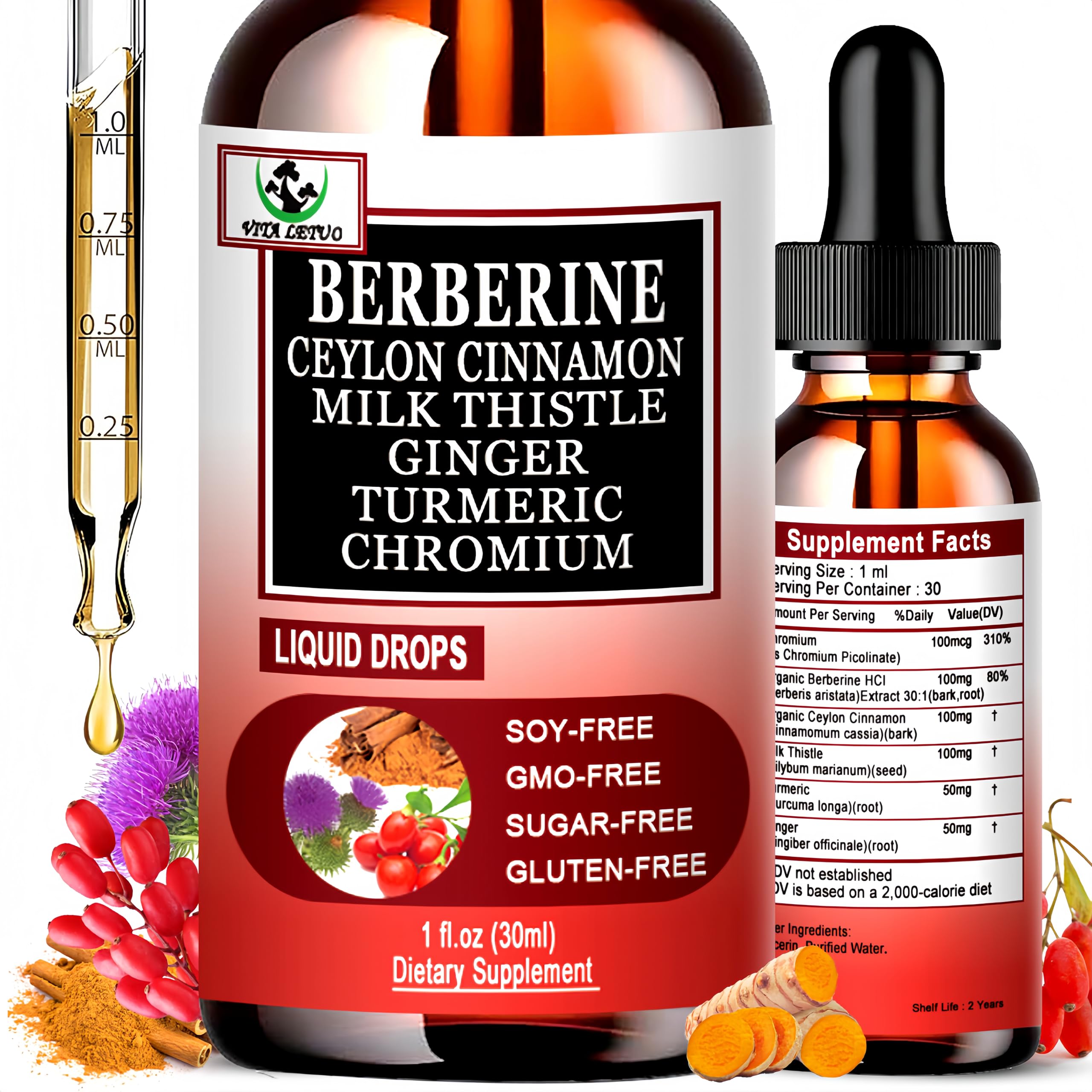 Berberine Drops, High Absorption 6-in-1 Liquid Berberine Supplement with Ceylon Cinnamon Milk Thistle Turmeric, Premium Berberine HCl for Immune Function Metabolic & Digestive Support, 30 Servings Vita letuoBuy Supplements Australia