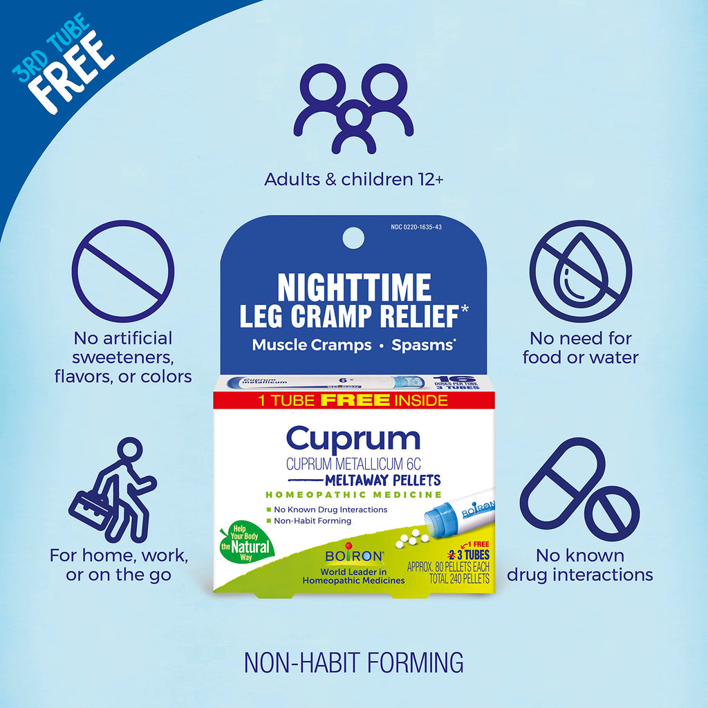 Boiron Cuprum Metallicum 6C Homeopathic Medicine for Nighttime Leg Cramp Relief, Muscle Cramps, and Spasms - 3 Count (240 Pellets) BoironBuy Supplements Australia
