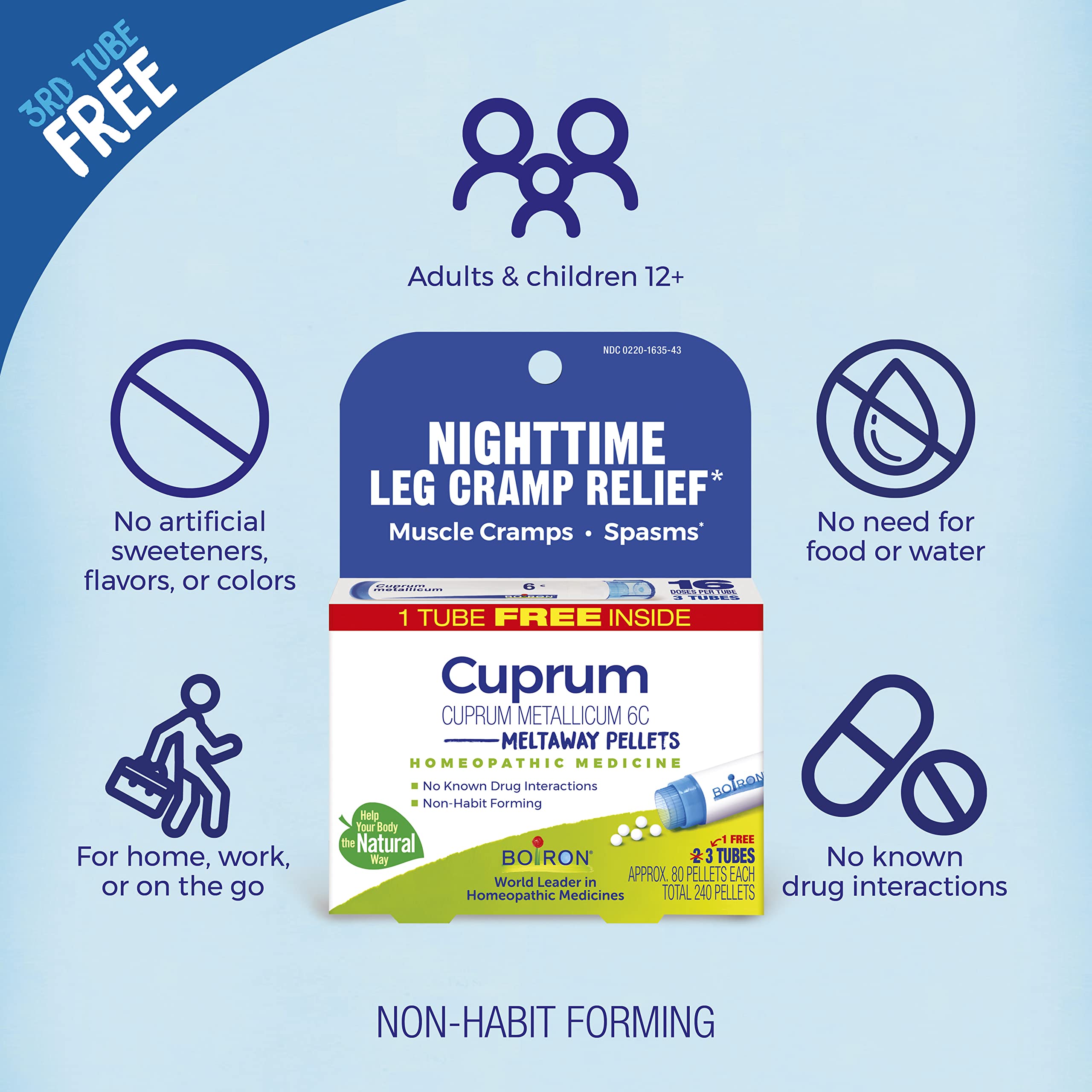 Boiron Cuprum Metallicum 6C Homeopathic Medicine for Nighttime Leg Cramp Relief, Muscle Cramps, and Spasms - 3 Count (240 Pellets) BoironBuy Supplements Australia