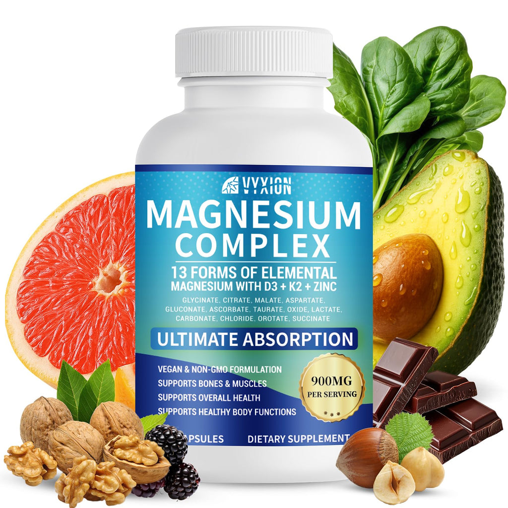 Supplement bottle labeled 'Magnesium Complex' with health foods like avocado, grapefruit, and nuts on a white background.