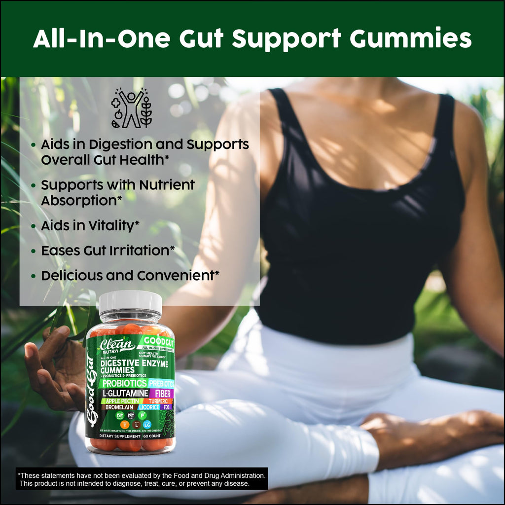 Clean Nutraceuticals Digestive Enzymes with Probiotics & Prebiotics for Digestive Health Gummies & L-Glutamine for Gut Health Bromelain Apple Pectin Inulin FOS Plant