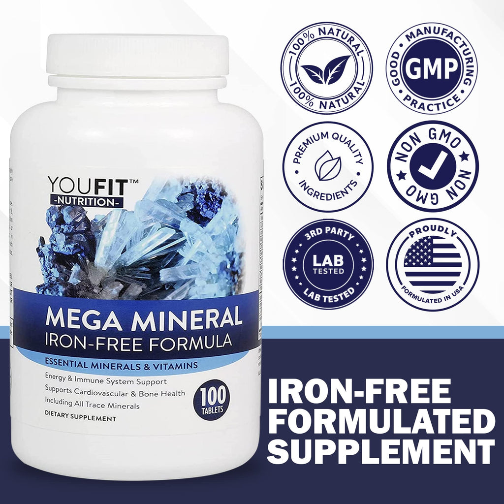 Mega Minerals Supplement by Youfit Nutrition | Trace Minerals | Premium Formula with Source of Minerals and Immune Health Support | Iron Free | All in One