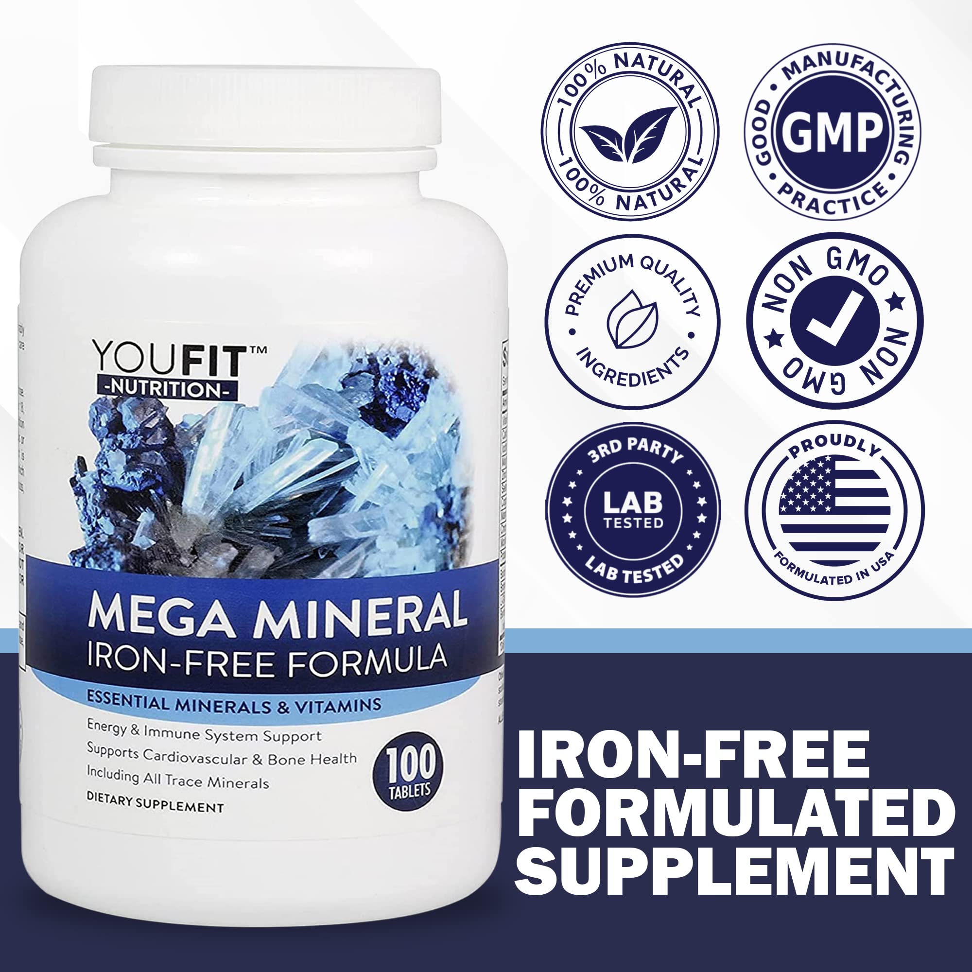 Mega Minerals Supplement by Youfit Nutrition | Trace Minerals | Premium Formula with Source of Minerals and Immune Health Support | Iron Free | All in One