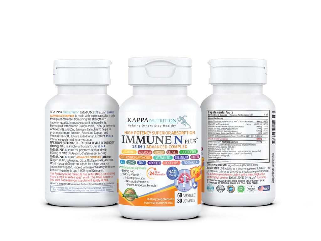 (60 Capsules), NAC 600mg, Quercetin 1,000mg, Vitamin C 500mg, Zinc 50mg, Vitamin D3 5,000iu, Selenium, Copper, Acerola, Ginger, Rutin, Citrus Bioflavonoids, Rose Hips, Echinacea, Immune N Plus 15 in 1 KAPPA NUTRITIONBuy Supplements Australia