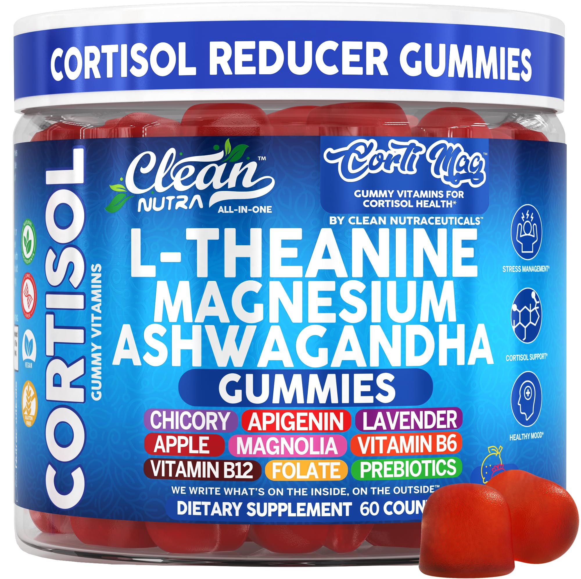Clean Nutra Cortisol Supplement Gummies L-Theanine Magnesium Ashwagandha Apigenin Vitamin B6 Sleep and Calm Support Lavender Chicory Prebiotic Advanced Gummy Formula Clean NutraceuticalsBuy Supplements Australia