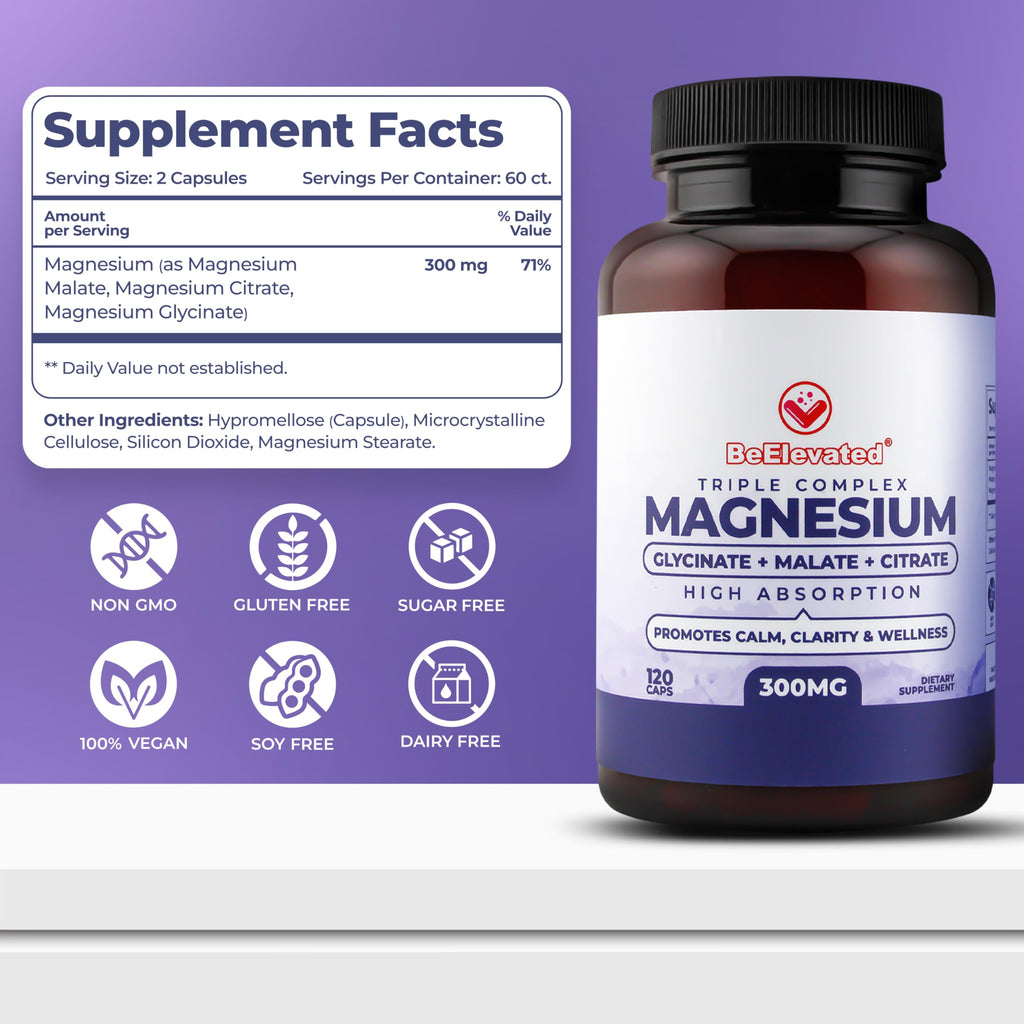 BeElevated High Absorption Triple Magnesium Complex for Sleep, Relaxation & Muscle Support – 300mg of Magnesium Glycinate, Citrate & Malate – Gentle on Stomach – Non-GMO, Vegan – 120 Capsules BeElevated buy supplements Au