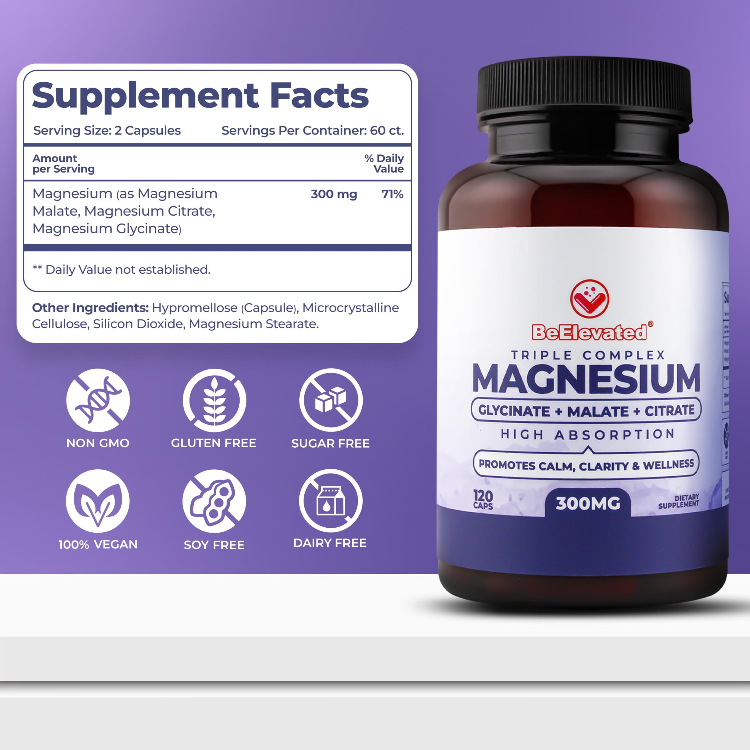 BeElevated High Absorption Triple Magnesium Complex for Sleep, Relaxation & Muscle Support – 300mg of Magnesium Glycinate, Citrate & Malate – Gentle on Stomach – Non-GMO, Vegan – 120 Capsules BeElevated buy supplements Au