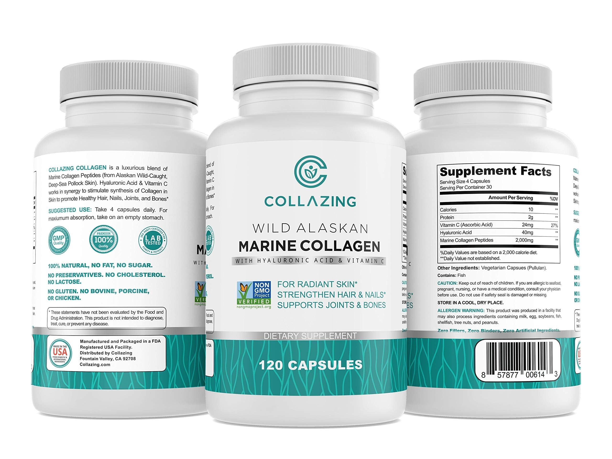 C COLLAZING - Alaskan Wild-Caught Marine Collagen Peptides with Hyaluronic Acid & Vitamin C - Supports Skin, Hair, Nails, Joints & Bones - Type 1 & 3 Collagen