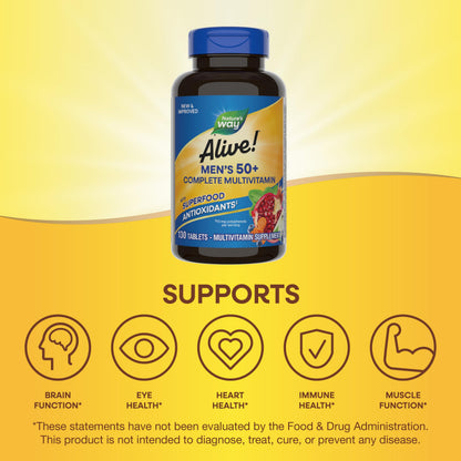 Nature’s Way Alive! Men’s 50+ Multivitamin Complete Tablets, Daily Multivitamin for Men Over 50, Supports Cellular Energy Metabolism